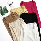 Sexy Square Collar Slim T-shirts Woman Knitwear Tops Solid Color Long Sleeve Skinny