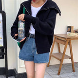 Zingj Lazy Wind Big Lapel Cardigan Zipper Jacket Women's Autumn And Winter New Wide Soft Waxy Sweater Top-Outfit
