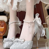 Adult Lily Net Bow Bow High Heels Women With Pearl Fine Sandals Female Beautiful Princess Wedding