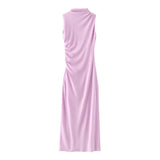 Women's Clothing 2025 Spring New Sleeveless Wrinkles Decorated Semi-High Collar Net Fan Flute