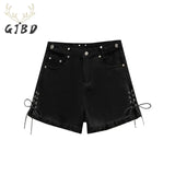 Black Shorts Jeans Pocket Crucifix High Waist Drawstring Casual Fashion Self Cultivation Denim Hot Pants Ladies