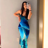 Blue Boho Printed Yellow Sundress Sexy Spaghetti Strap Bodycon Maxi Dress Women Summer Clothes Party Slip Dresses