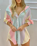 Zingj Wise New Fall Long Sleeve Pull V Neck Button Stripe Shirt