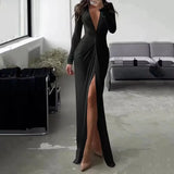 Zingj New Solid Color Dress Summer Fashion Sexy Slit V Neck Long Sleeve Solid Slim Pleated Skirt Dress-Outfit