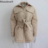 plaid Quilted Jacket Women Loose Thin Puffer Parkas Coat Vintage Belted Outwear Autumn Winter Ladies Oversize