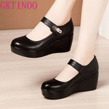 2021 Spring Leather Shoes Women Platform Wedges Shoe High Heels Round Toe Comfortable Black Women Pumps Large Size