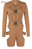 Women Bodycon Buckle Cut Out Biker Rompers Sexy Long Sleeves Hollow Out Clubwear Bodysuit One Piece Short Jumpsuit