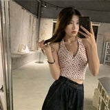 Women Sweet Chic Floral V-neck Sexy Leisure Fashion Skinny Crop Tops Girls Halterneck Backless Harajuku Hot Ins