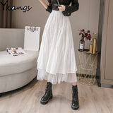 Women Winter Tulle Long Skirt High Waist Ruffles White Pleated Skirts Gothic Black Jupe Femme Skirt Saia Midi Faldas