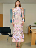 Elegant Style Slim Dress 2025 Summer New Collage Embroidery Design Color High-Waist Long Dress Dress