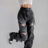 Holes Casual Black Ripped Jeans Woman Harajuku High Waist Denim Trousers Vintage Distressed Pants Capri