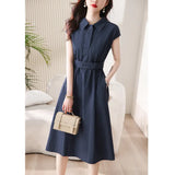 Fan Short Sleeve Polo Collar Shirt Dress 2025 Spring And Summer High-Sunny Bag Hip Tie Mid-Long
