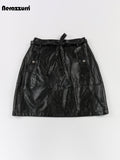 Summer Autumn Gold Shiny Faux Leather Skirt Women with Sashes A Line Korean Style Clothes Streetwear 2023 Runway