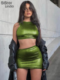 Fashion Silky Concise Two Piece Set Women Sleeveless Skinny Vest+Drawstring Hip Skirt Lady Vacation Clubwear