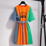 Patchwork T Shirt Dress Women Korean Ulzzang Causal Party Dress Sashes Streetwear Plus Size Fake Two Piece Dress