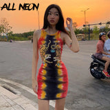Punk Tie Dye Sleeveless Graphic Mini Dresses Ribbed O-neck Tiger Printing Bodycon Party Dress E-girl Rave Summer