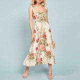 For Women Elegant Vintage Floral Dress Frill Sweetheart Neck Sleeveless Strap Tie Ruffle Hem Summer Beach