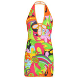 Summer Printed Sexy Backless Bodycon Mini Dress Cut Out V Neck Short Tank Dresses Women Fashion Streetwear