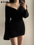 SUCHCUTE Elegance V Neck Knitted MIdi Dress Women Korean Fashion Black Evening Dresses Vintage Casual Streetwear Skinny
