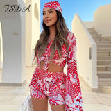 2021 Summer Print Long Sleeve Blouses Top Shirts Women And Mini Shorts Set Casual Three Piece Sets Party Sexy