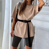 Solid Outfits Women's Two Piece Suit with Belt Home Loose Sports Tracksuits Fashion Bicycle Summer Hot Suit