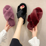 Zingj Size Cross Wool Slippers Female Autumn Winter New Flat Floor Indoor Floor Drag Air Conditioning Drag A Word Slippers- Outfit