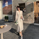 Lace Long Sleeve Midi Dress Winter White Women V-neck Korean Dress Spring One-piece Evening Lady Party Fairy