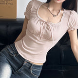 Lace Trim Coquette Puff Short Sleeve TeeOutfit