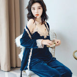 Winter Warm Pajamas Set Women Sleep Set Deep Gold Velvet Sexy Homewear Pijama Women Pajama Sets Long Pant Set Robe