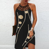 Mini Dress Women Fashion Printed Halter Hollow Out Sleeveless Dresses Elegant Boho Dress Female Beach Party Dress