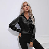 Autumn Satin Shirt Women V Neck Long Sleeve Office Shirt Blouses Ladies Black White Silk Loose Shirts For