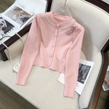 Zingj Version Small Sweet Wind Is Versatile Short Money Long Sleeve Sweater Qiu Dong New Style Sweet Stereo Flower Nail Bead Knit Cardigan Female-Outfit