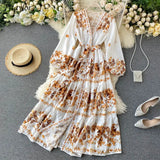 2021 New Autumn Vintage Print Dress Women Elegant V Neck Single Breasted Sashes Tie Up A Line High Waist Slim