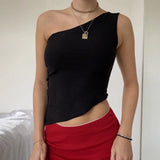Vintage Chinese Style Print Crop Top Asymmetric Slim Fit One Shoulder Vests E-girl Aesthetic Fashion Women Summer Tank