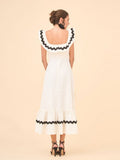 Women Elegant Contrast Spliced Ruffles Hem Long Dress Fashion Square Neck Backless Sleeveless Robes Female Chic Holiday