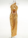 New Golden Sexy Hanging Neck Wrap Blouse Folding Irregular Half-Body Dress Two-Set Chain