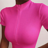 Hot Fashion Slim Fit Zipper Stretch Knitted T Shirt Women Female Bustier Corset High Neck Skinny Croped tee lady