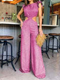 New Summer Solid Women Jumpsuit Sleeveless O-neck Naked Waist Wide Leg Long Pant Bodysuit Fashion Fit Casual