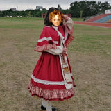 Christmas Lolita Dress Kawaii Women New Year 2024 Sweet Lace Ruffle Patchwork Puff Long Sleeve Red Princess
