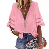 New V-Neck Zipper Shirt Half-Horn Sleeve Grid Spliced Loose Casual Shirt For