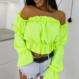 Color Off Shoulder Crop Tops women Summer dot print lantern sleeve shirts Lady Sexy Slash neck beach