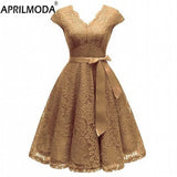 V-Neck Lace Knee-Length Women Dresses With Short Sleeves Sundress Female Vestidos New Arrival Chic Formal Party