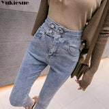 High Waist Pencil Jeans woman Streetwear Women Skinny Denim Trousers Double Button Retro Stretch women Jeans Plus