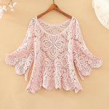coat female crochet hollow five-point sleeve top sweater o neck knitted