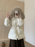 Korean Version Temperament Down Jacket Female Short Money 2024 Winter New Add Thick Fox Hair Collar Collect Waist Show Thin White Duck Down Coat-Outfit