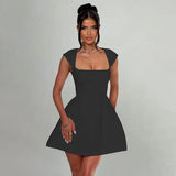 Square Neck Short Sleeve A-Line Solid Mini Dress-Outfit