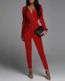 New Women Sexy Colorblock Sequins Velvet Ruched Long Sleeve Jumpsuit Casual Long Skinny Pants Work