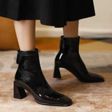 Zi Yan Paint Leather Martin Boots Women's High Heel 2025 Autumn And Winter New Square Head Thick Heel Single Boots Show Thin Short Leg