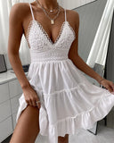Summer Dress Solid Color Crochet Spaghetti Strap V-Neck Backless Tied Braces Short Dress for Girls