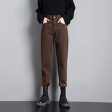 Jeans Women Stretchy Elastic High Waist Casual Velvet Thick Warm Pencil Pants Cotton Trousers Ankle-length Woman